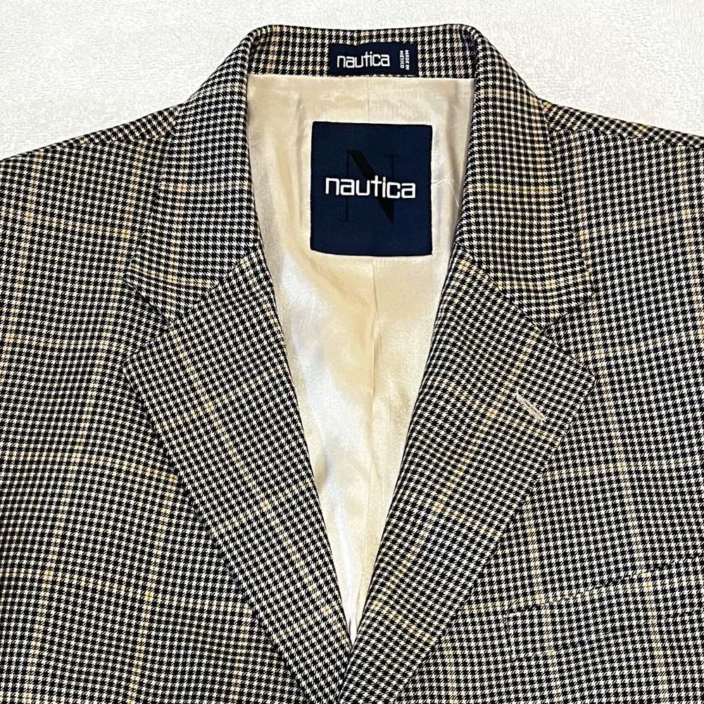 Nautica 44R - 100% Wool Blk/Brown Shepherds Plaid Blazer.